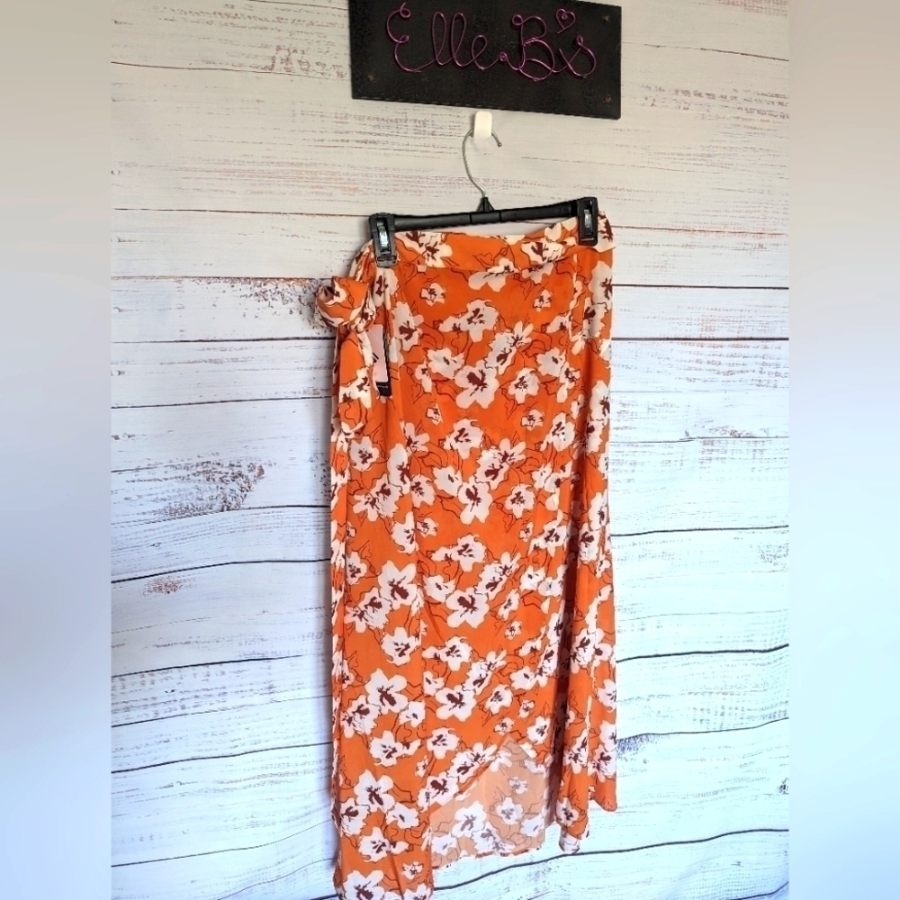 NWT Orange Floral Wrap Sheer Skirt 14/16